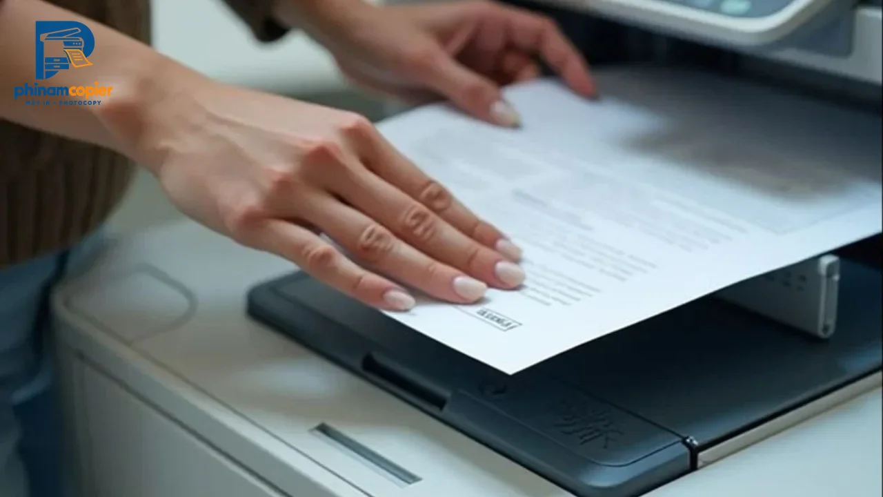 Đôi tay đặt tài liệu vào máy photocopy