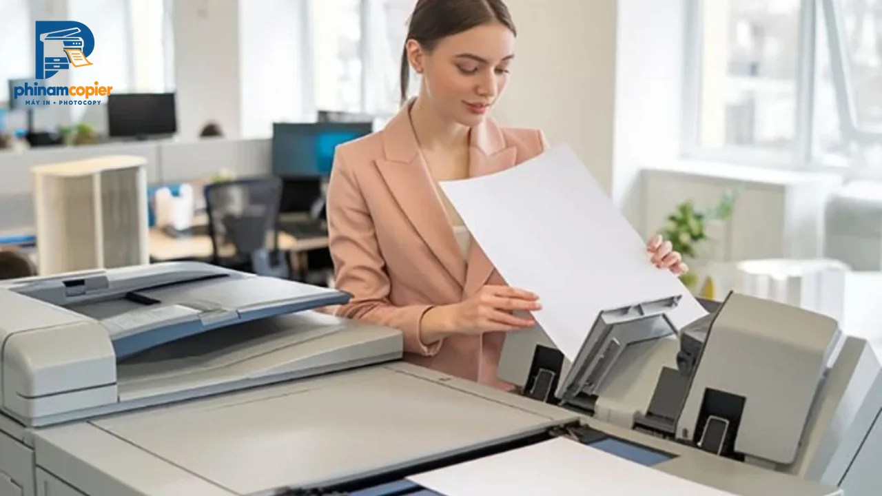 Phụ nữ dùng máy photocopy trong văn phòng