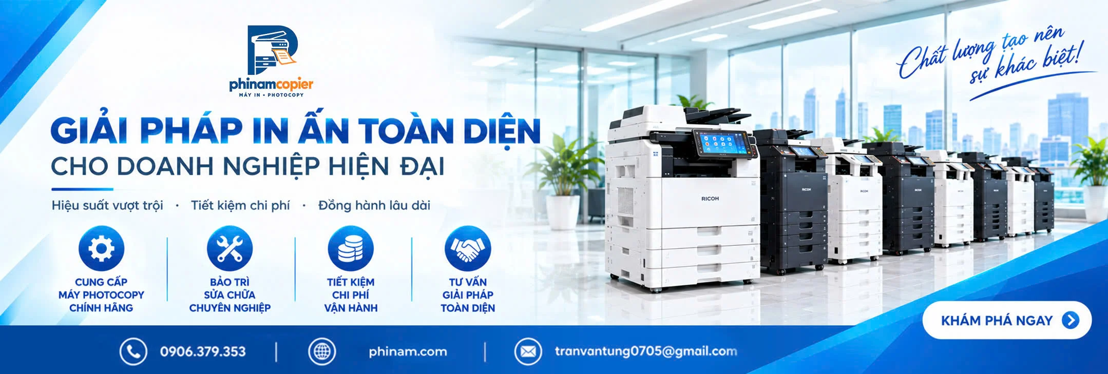 Banner quảng cáo giải pháp in ấn toàn diện cho doanh nghiệp với máy photocopy Ricoh