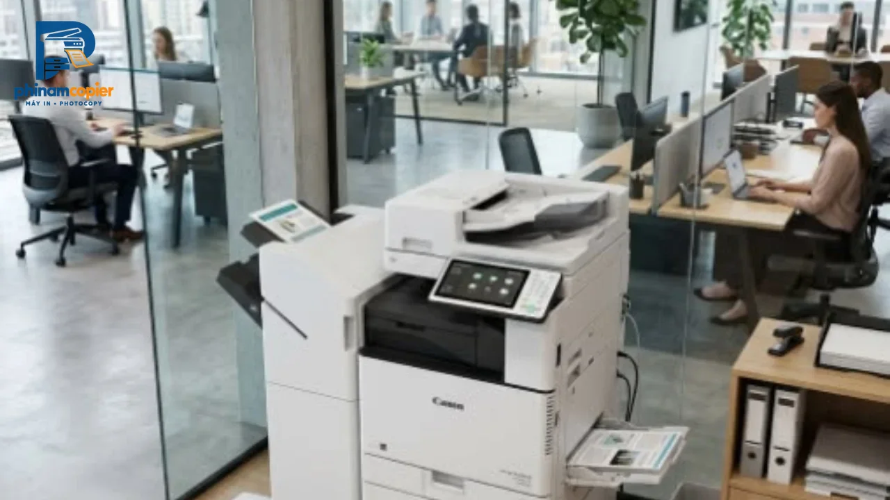 Máy photocopy Canon đa chức năng trong văn phòng làm việc hiện đại với nhân viên đang làm việc