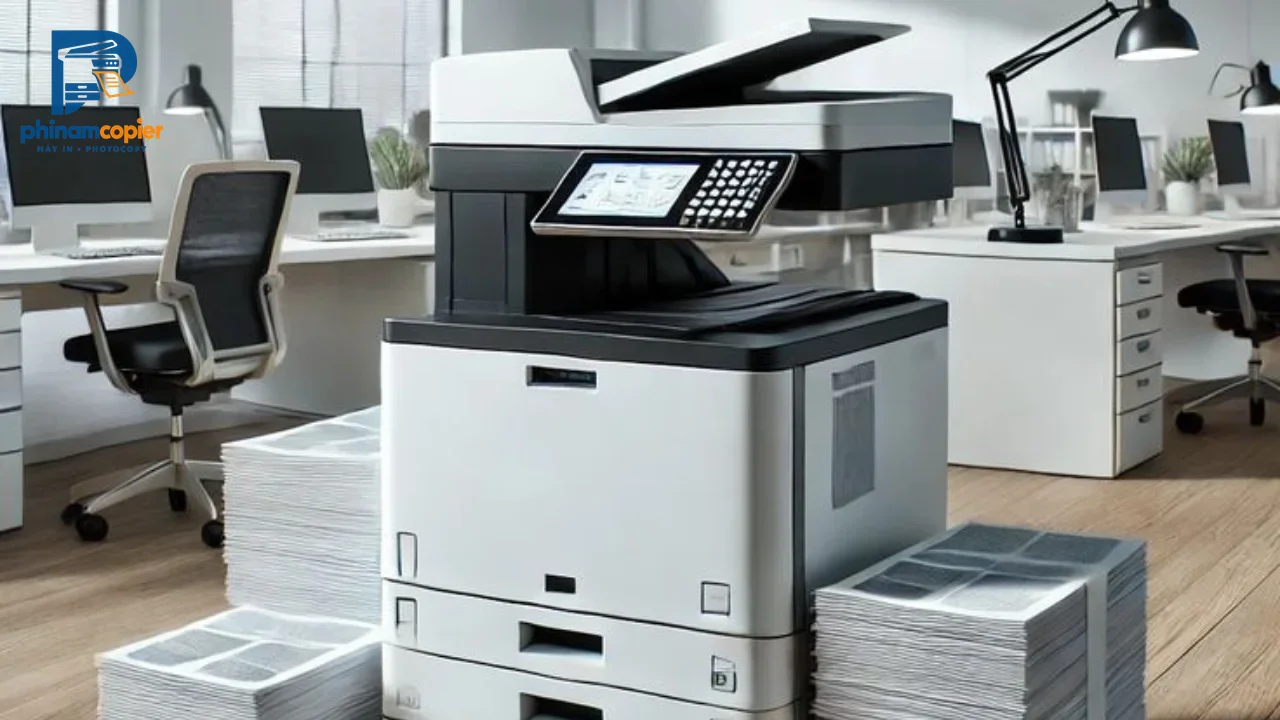 Máy photocopy trong văn phòng hiện đại với máy tính, giấy tờ và bàn làm việc
