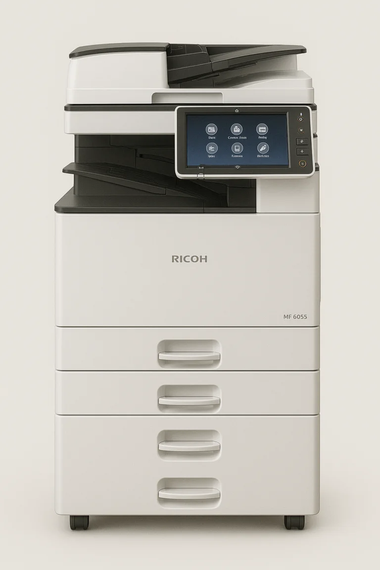 Máy photocopy Ricoh MP 6055 đa chức năng màu trắng đen, có màn hình cảm ứng và ngăn kéo