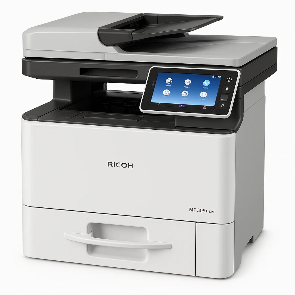 Máy in đa chức năng Ricoh MP 305+ SPF màu trắng xám có màn hình cảm ứng.