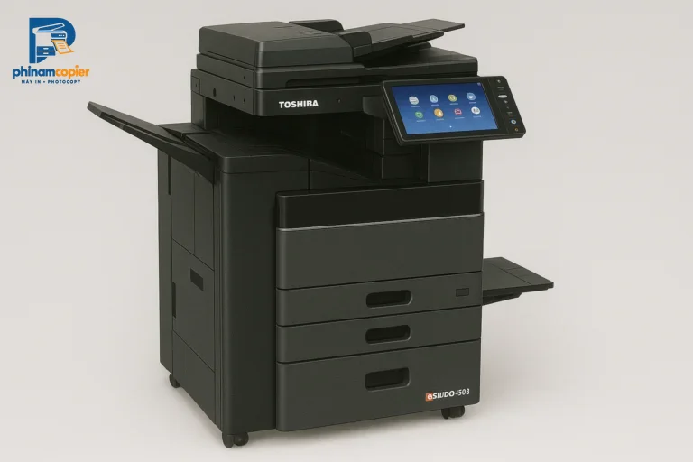 Máy photocopy Toshiba e-STUDIO 4508 màu đen với màn hình cảm ứng.